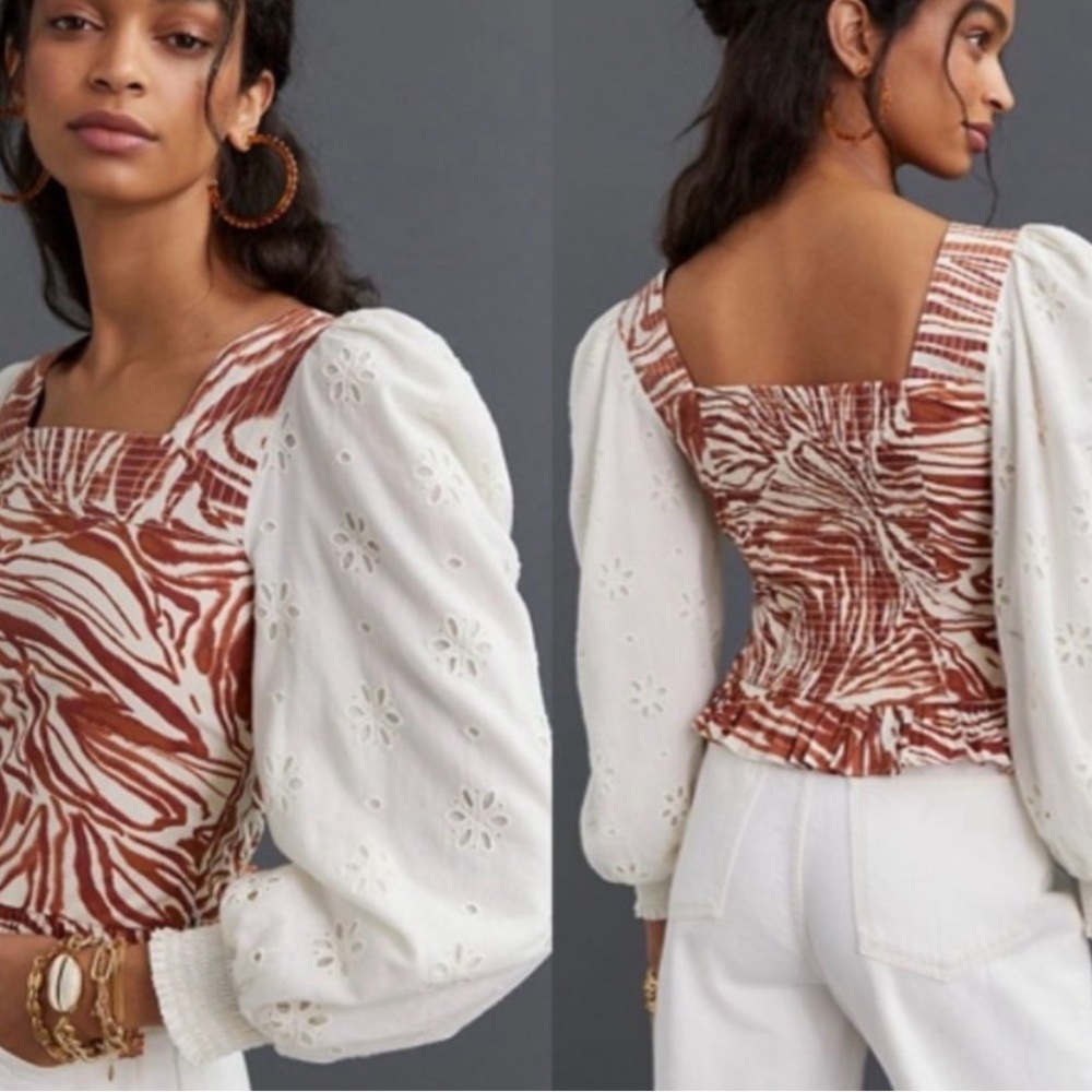 New nwot Anthropologie Love the Label Smocked Eyelet Puff Sleeve Zebra Print too